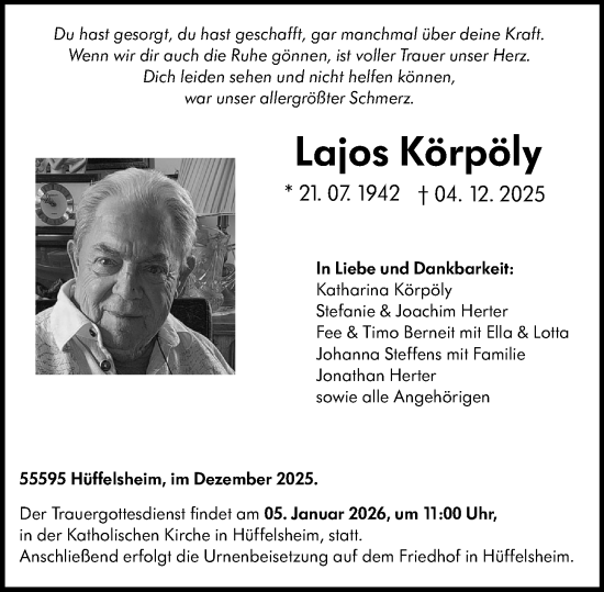 Traueranzeige von Lajos Körpöly von Allgemeine Zeitung Rheinhessen-Nahe
