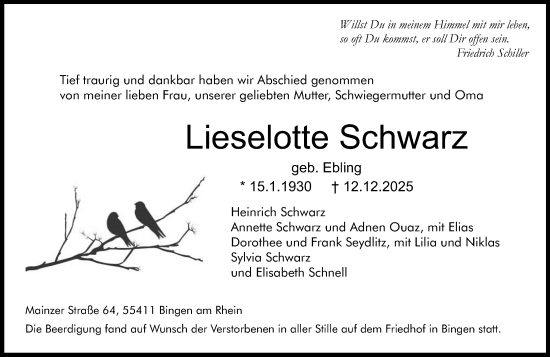 Traueranzeige von Lieselotte Schwarz von Allgemeine Zeitung Rheinhessen-Nahe