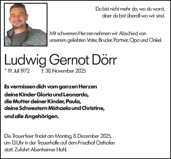 Traueranzeige von Ludwig Gernot Dörr von Wormser Zeitung