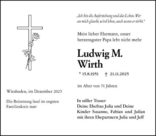 Traueranzeige von Ludwig M. Wirth von Wiesbadener Kurier