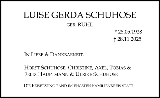 Traueranzeige von Luise Gerda Schuhose von Allgemeine Zeitung Mainz