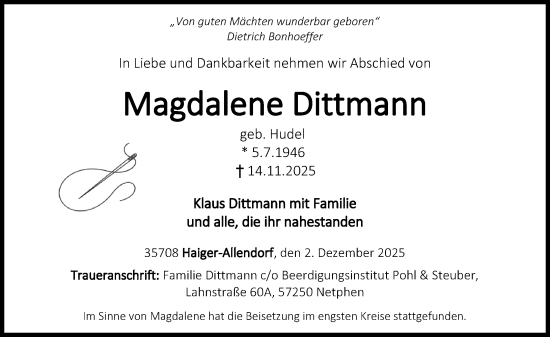 Traueranzeige von Magdalene Dittmann von Dill Block