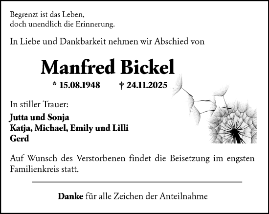 Traueranzeige von Manfred Bickel von Dill Block