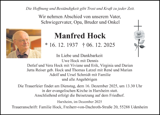 Traueranzeige von Manfred Hock von Allgemeine Zeitung Alzey