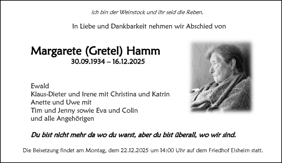 Traueranzeige von Margarete Hamm von Allgemeine Zeitung Mainz