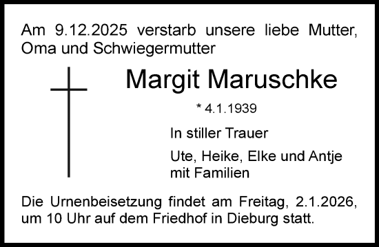 Traueranzeige von Margit Maruschke von Dieburger Anzeiger/Groß-Zimmerner Lokal-Anzeiger