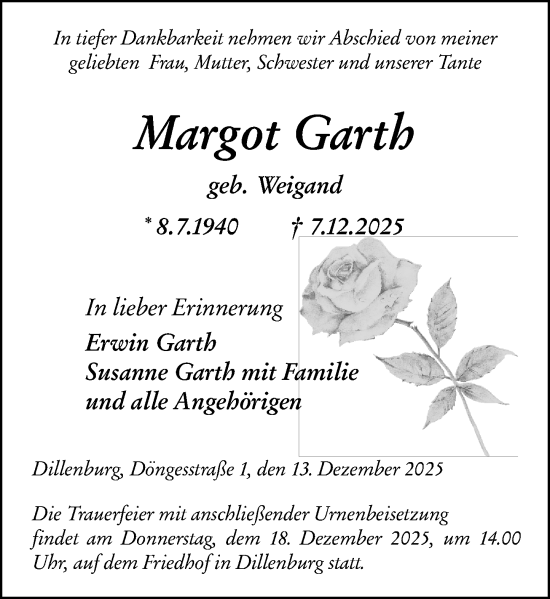 Traueranzeige von Margot Garth von Dill Block