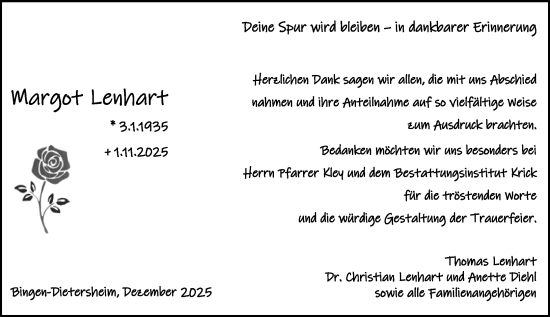 Traueranzeige von Margot Lenhart von Allgemeine Zeitung Rheinhessen-Nahe