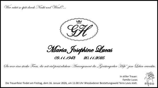 Traueranzeige von Maria Josephine Lucas von Wiesbadener Kurier