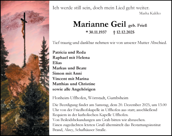 Traueranzeige von Marianne Geil von Allgemeine Zeitung Alzey