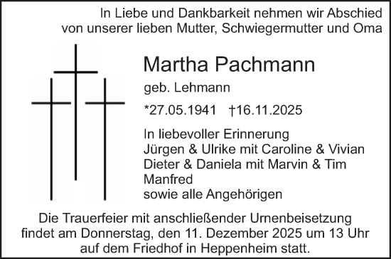Traueranzeige von Martha Pachmann von Starkenburger Echo
