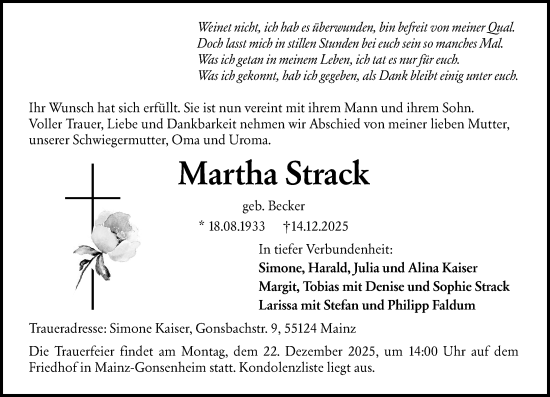 Traueranzeige von Martha Strack von Allgemeine Zeitung Mainz