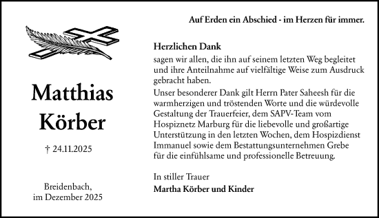 Traueranzeige von Matthias Körber von Hinterländer Anzeiger