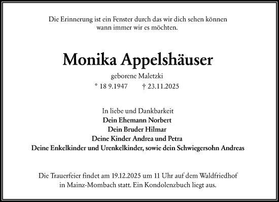 Traueranzeige von Monika Appelshäuser von Allgemeine Zeitung Mainz