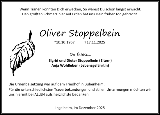 Traueranzeige von Oliver Stoppelbein von Allgemeine Zeitung Rheinhessen-Nahe