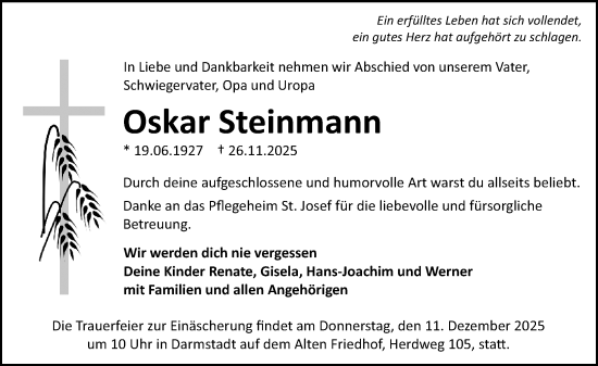 Traueranzeige von Oskar Steinmann von Darmstädter Echo