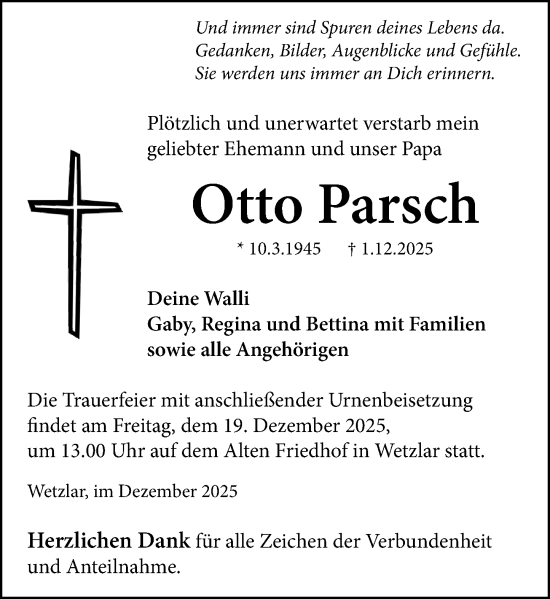 Traueranzeige von Otto Parsch von Wetzlarer Neue Zeitung
