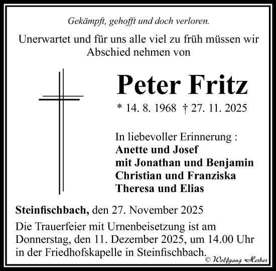 Traueranzeige von Peter Fritz von Camberger Anzeiger