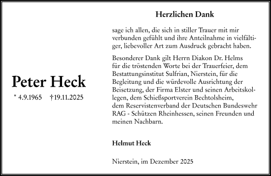 Traueranzeige von Peter Heck von Allgemeine Zeitung Mainz
