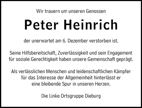 Traueranzeige von Peter Heinrich von Dieburger Anzeiger/Groß-Zimmerner Lokal-Anzeiger