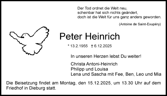 Traueranzeige von Peter Heinrich von Dieburger Anzeiger/Groß-Zimmerner Lokal-Anzeiger