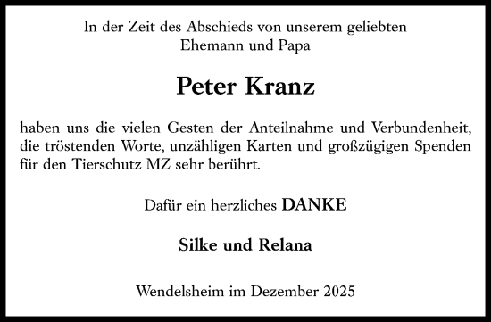 Traueranzeige von Peter Kranz von Allgemeine Zeitung Alzey
