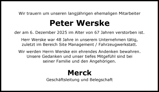 Traueranzeige von Peter Werske von Darmstädter Echo