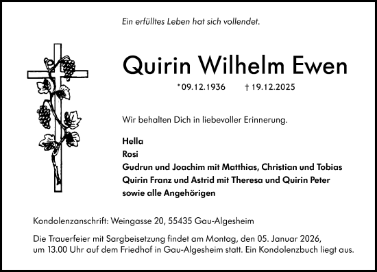 Traueranzeige von Quirin Wilhelm Ewen von Allgemeine Zeitung Rheinhessen-Nahe