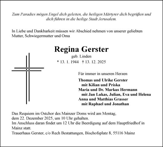 Traueranzeige von Regina Gerster von Allgemeine Zeitung Mainz