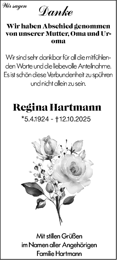 Traueranzeige von Regina Hartmann von Odenwälder Echo