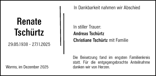 Traueranzeige von Renate Tschürtz von Wormser Zeitung