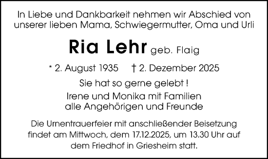 Traueranzeige von Ria Lehr von Darmstädter Echo