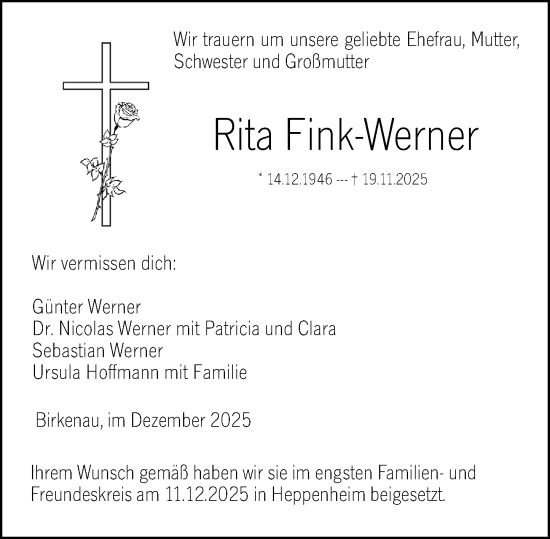 Traueranzeige von Rita Fink-Werner von Darmstädter Echo