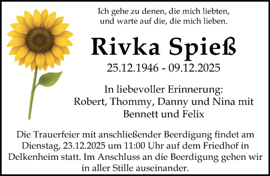 Traueranzeige von Rivka Spieß von Wiesbadener Kurier
