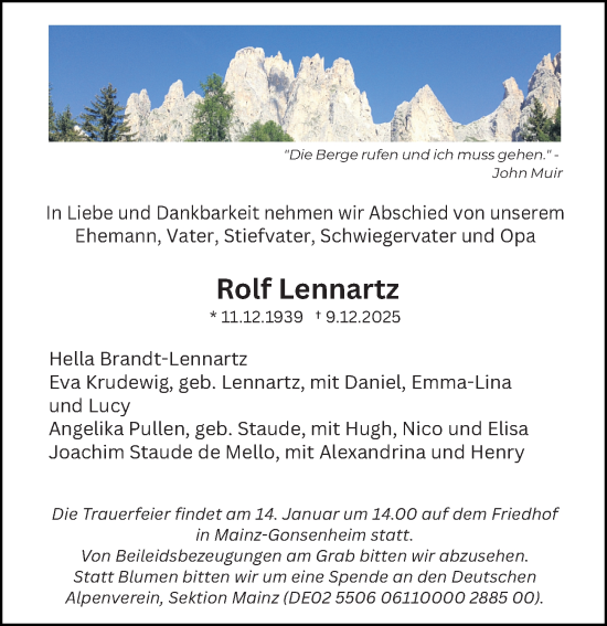 Traueranzeige von Rolf Lennartz von Allgemeine Zeitung Mainz