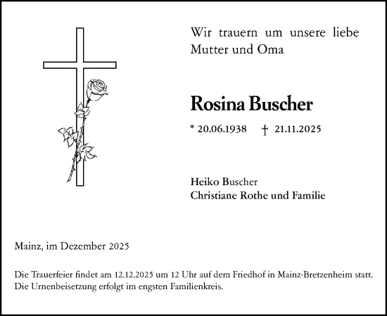 Traueranzeige von Rosina Buscher von Allgemeine Zeitung Mainz