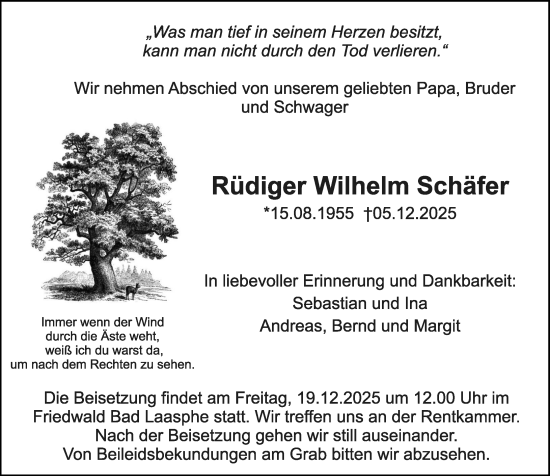 Traueranzeige von Rüdiger Wilhelm Schäfer von Hinterländer Anzeiger