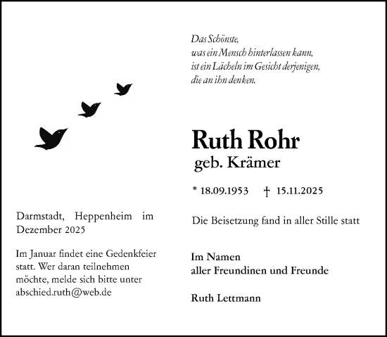 Traueranzeige von Ruth Rohr von Darmstädter Echo