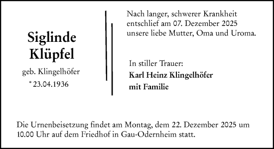 Traueranzeige von Siglinde Klüpfel von Rüsselsheimer Echo