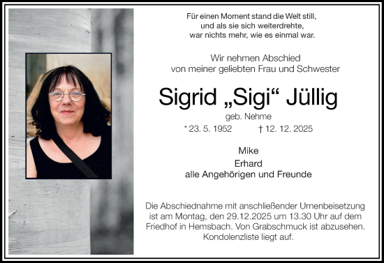 Traueranzeige von Sigrid Jüllig von Starkenburger Echo