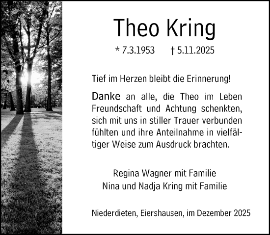 Traueranzeige von Theo Kring von Hinterländer Anzeiger
