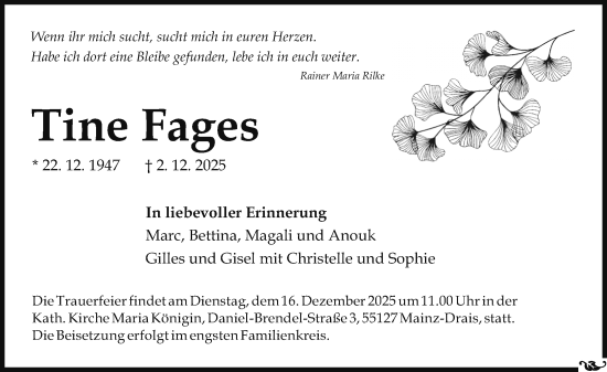 Traueranzeige von Tine Fages von Allgemeine Zeitung Mainz