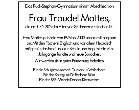 Traueranzeige von Traudel Mattes von Wormser Zeitung