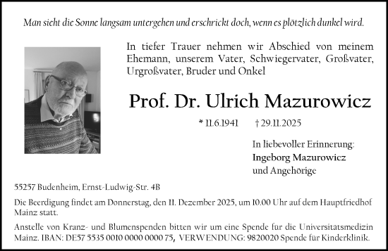 Traueranzeige von Ulrich Mazurowicz von Allgemeine Zeitung Mainz