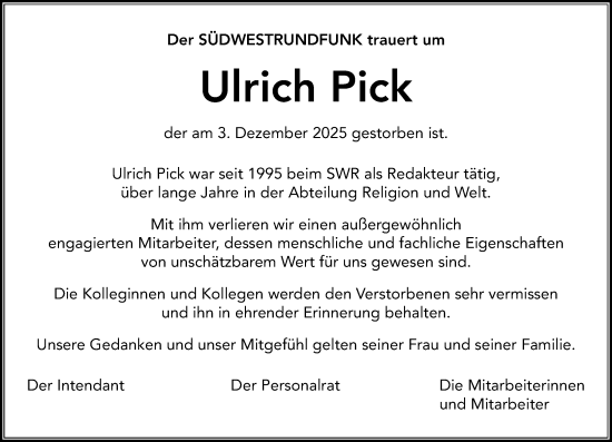 Traueranzeige von Ulrich Pick von Allgemeine Zeitung Mainz
