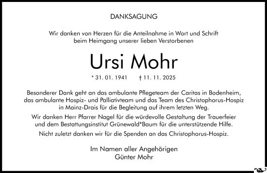 Traueranzeige von Ursi Mohr von Allgemeine Zeitung Mainz