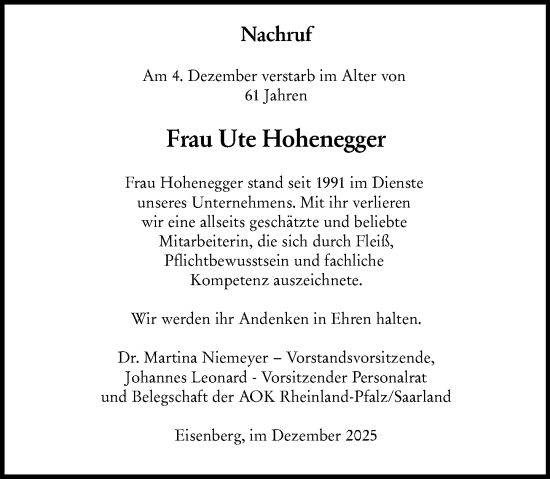 Traueranzeige von Ute Hohenegger von Allgemeine Zeitung Mainz