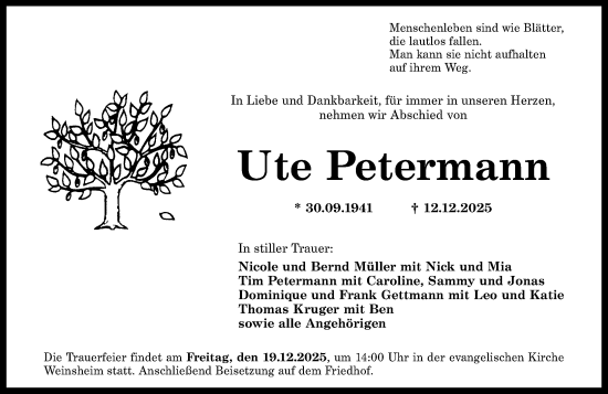 Traueranzeige von Ute Petermann von Allgemeine Zeitung Rheinhessen-Nahe