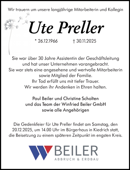 Traueranzeige von Ute Preller von Wiesbadener Kurier