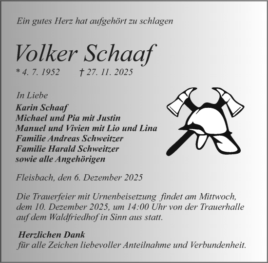 Traueranzeige von Volker Schaaf von Dill Block